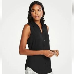 NWT- Ann Taylor Black Collar Sleeveless Button Down Drape Shirt MP